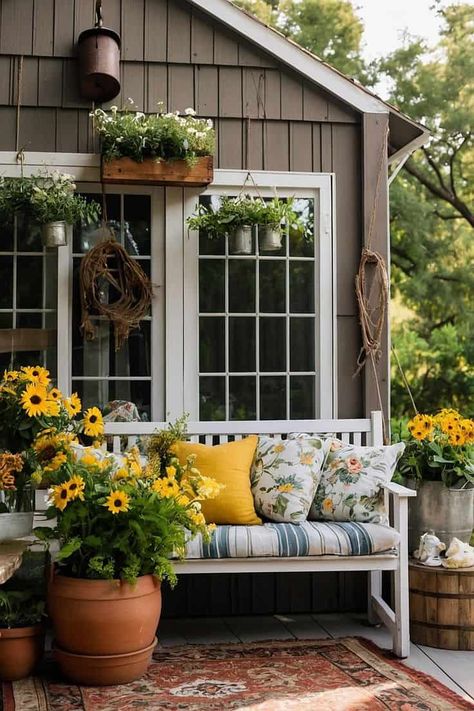 16 Cottage Core Front Porch Decor Ideas » Lady Decluttered Cottage Core Porch, Shabby Chic Color Palette, Patio Retreat, Cottage Core Home Decor, Cottage Patio, Cottage Core Home, Shabby Chic Colors, Front Porch Decor Ideas, Happy Glamper