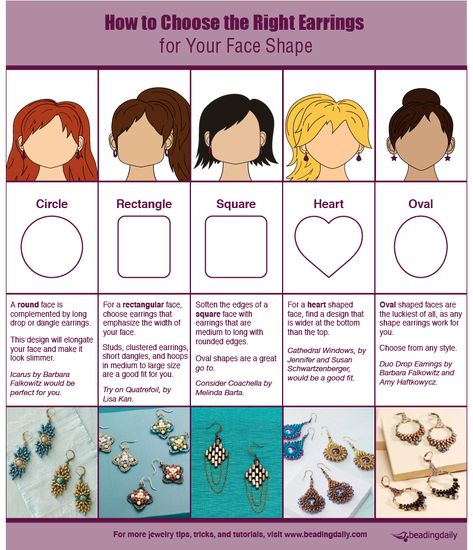 How to Choose the Right Earrings for Your Face Shape | Beading Daily Jewelry Facts, Jewelry Knowledge, Types Of Earrings, Fashion Vocabulary, Bar Stud Earrings, Heart Face Shape, Types Of Women, Square Faces, Premier Designs