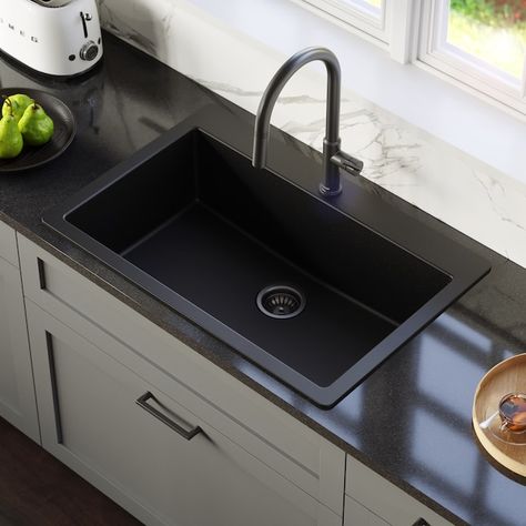 Black Sink Kitchen, Composite Kitchen Sinks, Quartz Sink, Topmount Sink, Top Mount Kitchen Sink, Drop In Kitchen Sink, Black Kitchen Sink, Black Countertops, Black Faucet