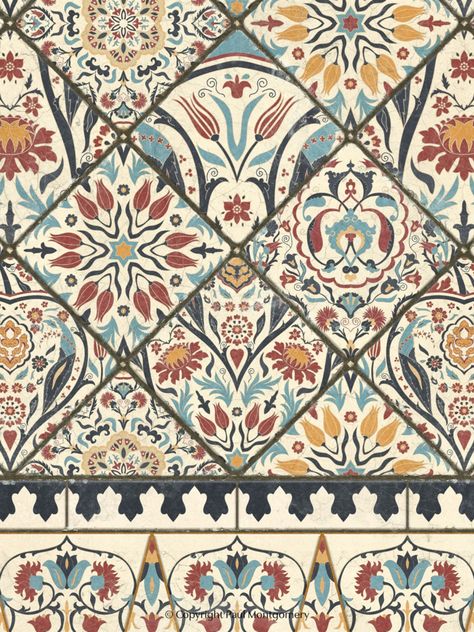 wall covering panel printed with intricate middle eastern tile pattern and borders in dark grey, red, blue and mustard yellow. Middle Eastern Patterns, Middle East Pattern, Arabic Geometric Pattern, Arabic Pattern Design, Arab Architecture, Michelle Nussbaumer, Morocco Pattern, Chinoiserie Mural, Garden Mural