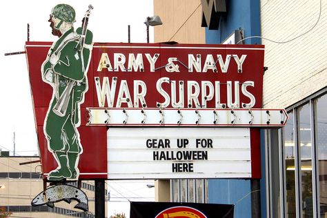 Store Neon Sign, Army Surplus Store, Military Surplus Store, Army Navy Store, Army Surplus, Vintage Neon Signs, Survival Techniques, Neon Nights, Military Surplus