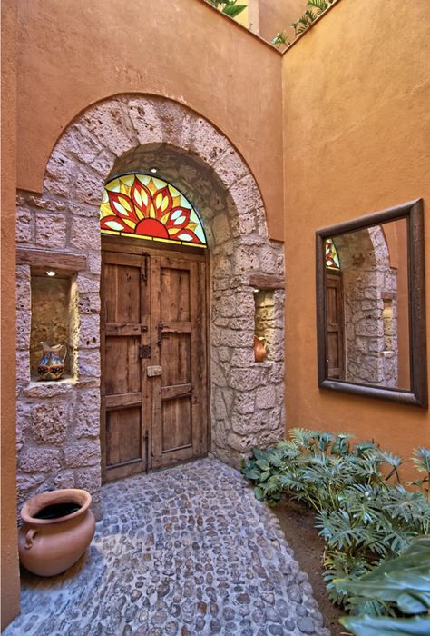 Mexican Rustic House, Hacienda Style Doors, Mediterranean Adobe Homes, Mexican Doors Spanish Style, Mexican Style Homes Exterior, Mexican Villa House, Mexican Ranch House, Mexican House Exterior, Hacienda Style Homes Mexican