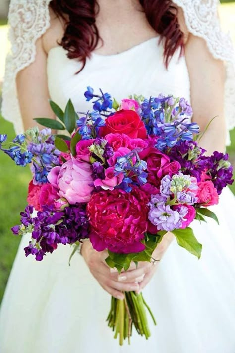 Magenta Prom Flowers, Red Pink Purple Blue Wedding, Wedding Bouquets Bright Colors, Hot Pink And Royal Blue Wedding, Purple And Pink Wedding Flowers, Blue And Magenta Wedding, Magenta Wedding Flowers, Fuschia Wedding Flowers, Fuschia Bouquet