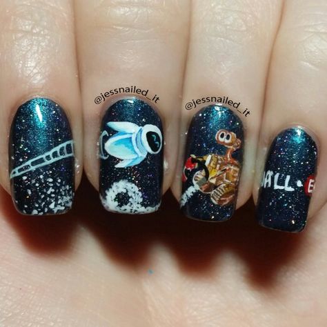 WALL●E nails painted by @jessnailed_it on Instagram #nails #nailart #nailpolish Walle And Eve Nails, Wall E Nail Art, Wall E Nails, Up Nails Disney, Walle Y Eva, Nails Painted, Girls Things, Disney Wall, Simple Nail Art Designs