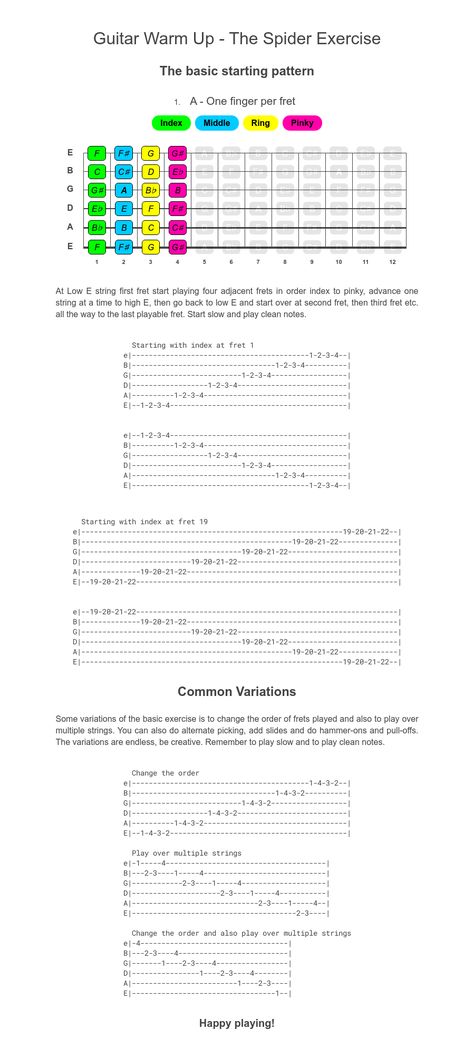 The Spider exercise, a classic guitar exercise for warm up, improved tone, accuracy and dexterity. Easy Guitar Songs Chords, Warm Up Exercise, Bass Guitar Chords, Guitar Fingers, Guitar Exercises, Basic Guitar Lessons, Finger Exercises, Music Theory Guitar, Easy Guitar Songs