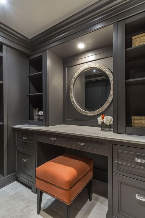 Add a touch of luxury to your closet with a built-in vanity area. Incorporate a chic mirror, ample lighting, and a sleek countertop for the perfect place to get ready. 💄✨👗 #LuxuryCloset #VanityArea #HomeDecor #GlamorousLiving Closet With Vanity Built In, Closet With Vanity, Luxurious Closet, Built In Vanity, Glamorous Living, Chic Mirror, Vanity Area, Closet Designs, Closet Design