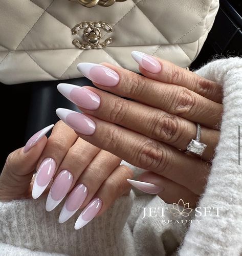 Creamy Pink French Tip Nails, Almond French Tip Nails Pink Base, Pink And White Almond Nails French Tip, Marshmallow Pink Nails, Pink White Nails French, Pink Nail White Tip, White French Tip Nails Pink Base, White Pink French Tip Nails, Pink Nail White French Tip