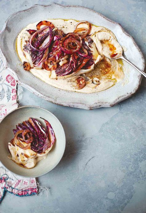 This white bean puree, radicchio, and red onions is a healthy, satisfying side, that is so much more than the sum of it's parts. Glazed Veggies, Roasted Radicchio, Diana Henry, Bean Mash, White Bean Puree, Bean Puree, Veg Stock, Balsamic Onions, Navy Beans