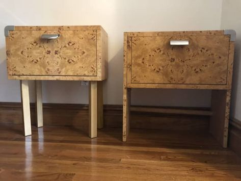 Vintage 1970’s Burl Wood Nightstands (Pair) – Pair of burl wood nightstands / side tables / end tables from the 1970’s in excellent vintage condition. One of the nightstands has an unfinished side (pictured) that will not be noticeable when placed next to a bed. This one also plugs into the wall and features an internal light. – BROOKLYNFrom Maxwell:Dear Readers, What are you looking for? READ MORE... Wood Nightstands, Bamboo Chair, Rattan Table, Rattan Coffee Table, Wood Bedside Table, Mid Century Coffee Table, Box Store, Wood End Tables, Burl Wood