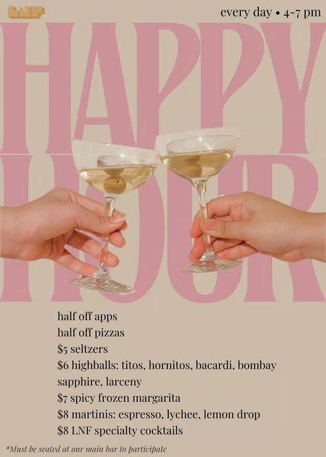 Happy Hour - lostneverfoundchicago.com Happy Hour Graphic, Happy Hour Themes, Happy Hour Aesthetic, Happy Hour Menu, Happy Hour Specials, Soul Ties, Find Logo, Specialty Cocktail, Dj Set