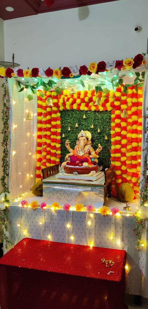 Mandap decoration idea for Ganesh chaturthi Ganesh Mandap Decoration Ideas, Ganesh Backdrop Decoration, Ganesh Ji Decoration At Home, Ganpati Mandap Decoration, Ganesh Chaturthi Decoration At Home, Ganpati Decoration Theme Ideas, Mahalaxmi Decoration, Ganpati Mandap, Ganesh Chaturthi Decoration Ideas