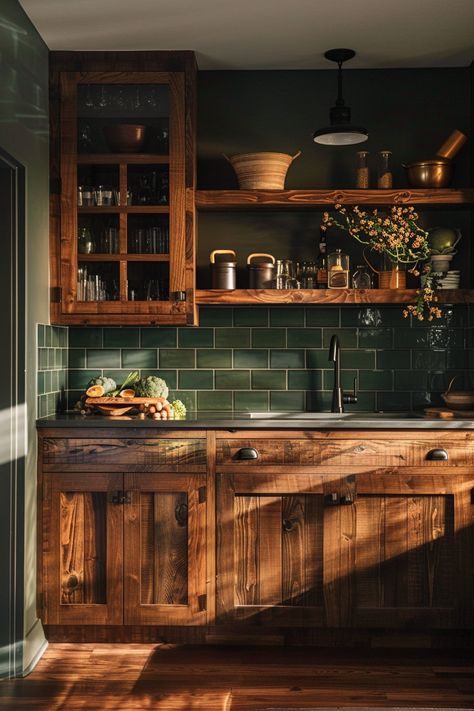 Farmhouse Kitchen Backsplash Ideas - Quiet Minimal Kitchen Inspo Farmhouse, Green Earthy Kitchen, Log Cabin Kitchen Backsplash, Earthy Kitchen Color Schemes, Cabin Kitchen Backsplash Ideas, Dark Green And Wood Kitchen, Cool Backsplash Ideas Kitchen, Cabin Kitchen Backsplash, Cosy Kitchen Ideas