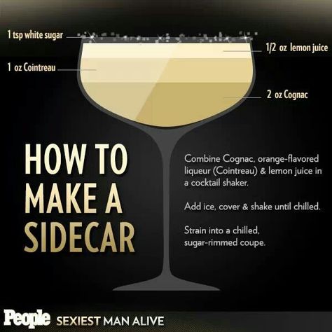 Side Car recipe Side Car Cocktail Recipe, Side Car Recipes, Side Car Drink Cocktails, Side Car Cocktail, Mix Drinks, Tasty Drinks, Non Alcoholic Cocktails, Alcoholic Cocktails, Alcohol Drinks