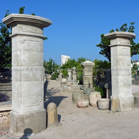 Pair of rectangular pillars in stone with a base Stone Quarry, French Limestone, Stone Pillars, Types Of Stones, Architectural Elements, Driveway, Natural Stone, Natural Stones, Carving