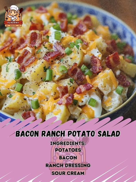 🥓🥔 Indulge in the savory goodness of Bacon Ranch Potato Salad – a perfect side for any meal! 🥔🥓 #PotatoSalad #SavoryDelights Bacon Ranch Potato Salad Ingredients: Potatoes (4 cups, diced) Bacon (8 slices, cooked and crumbled) Ranch dressing (1 cup) Sour cream (1/2 cup) Green onions (1/4 cup, chopped) Cheddar cheese (1 cup, shredded) Salt and pepper (to taste) Instructions: Cook potatoes until tender, then drain and cool. In a large bowl, mix ranch dressing, sour cream, green onions, bacon... Sour Cream Ranch Dressing, Bacon Ranch Potato Salad, Ranch Potato Salad, Cheesy Bacon, How To Cook Potatoes, Bacon Cheese, Ranch Dressing, Daily Meals, Salad Ingredients