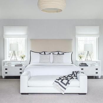 White Bedroom with Beige Headboard Bed Between Windows, Bedroom With Windows, White Tile Floors, Modern Transitional Bedroom, Master Bed Ideas, Window Coverings Bedroom, Bedroom Ideas White, Beige Headboard, Home Furniture Bedroom