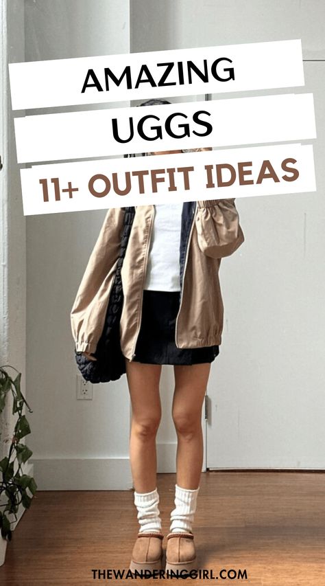 11 Insanely Cozy Outfits With Uggs - The Wandering Girl Styling Tazz Uggs, Fall Uggs Aesthetic, Ugg Boot Style, Ugg Summer Outfit, Ugg Fashion Outfits, Uggs Styling, Outfit With Tasman Uggs, Slip On Uggs Outfit, Micro Uggs Outfit