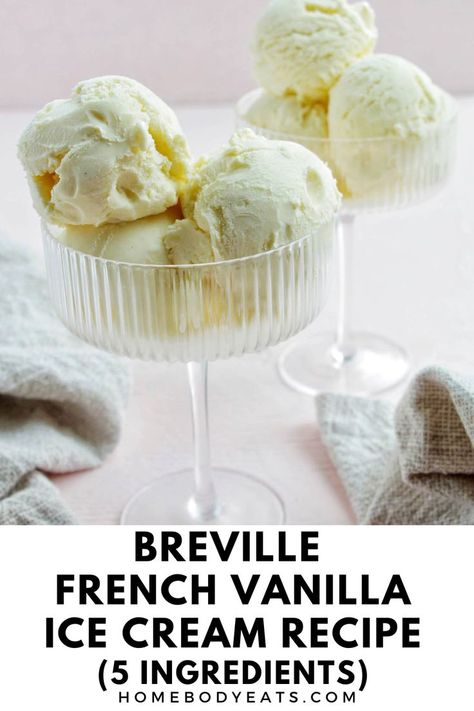 two coupe glasses holding scoops of french vanilla ice cream with text overlay. Pampered Chef Ice Cream Recipe, Ice Cream Maker Recipes Vanilla, French Vanilla Bean, Kitchenaid Ice Cream, French Vanilla Ice Cream, Homemade Ice Cream Recipes Machine, Ice Cream Recipes Machine, Cuisinart Ice Cream, Cuisinart Ice Cream Maker