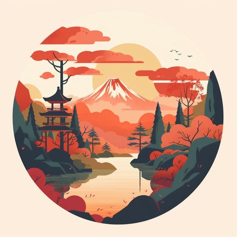 Paysage japonais automnal au coucher du soleil Design Japonais, Japanese Art Prints, Art Basics, Gouache Art, Japon Illustration, Graphic Design Lessons, Art Japonais, Japanese Painting, Love Drawings