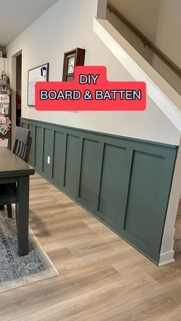 Jake From Upstate Farm on Instagram: "Kitchen DIY Board & batten #diy #homemakeover #boardandbatten #fyp #accentwall #kitchendesign #sherwinwilliams #pewtergreen #budgetdiy @homedepot" One Wall Board And Batten, Emerald Green Board And Batten Wall, Basement Board And Batten, Board And Batten Kitchen Walls, Board And Batten Kitchen, Half Wall Kitchen, Batten Diy, House Upgrades, Kitchen Bar Table