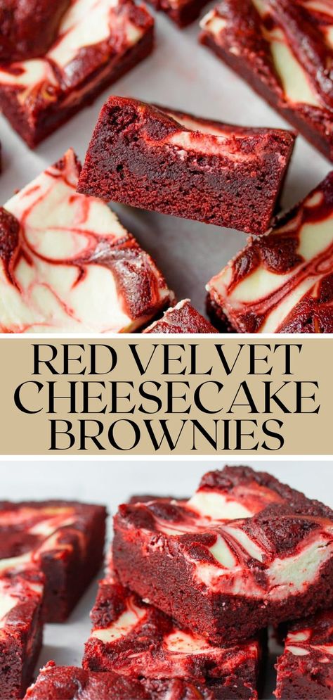 These rich and fudgy red velvet brownies are swirled with creamy cheesecake for an amazing dessert. They are decadent, rich, and so yummy! Plus, the beautiful red color makes them look just as good as they taste! Red Velvet Cheesecake Brownies, Cheesecake Swirl Brownies, Red Velvet Desserts, Velvet Brownies, Red Velvet Brownies, Velvet Cheesecake, Swirl Brownies, Red Velvet Cheesecake, Vanilla Cheesecake