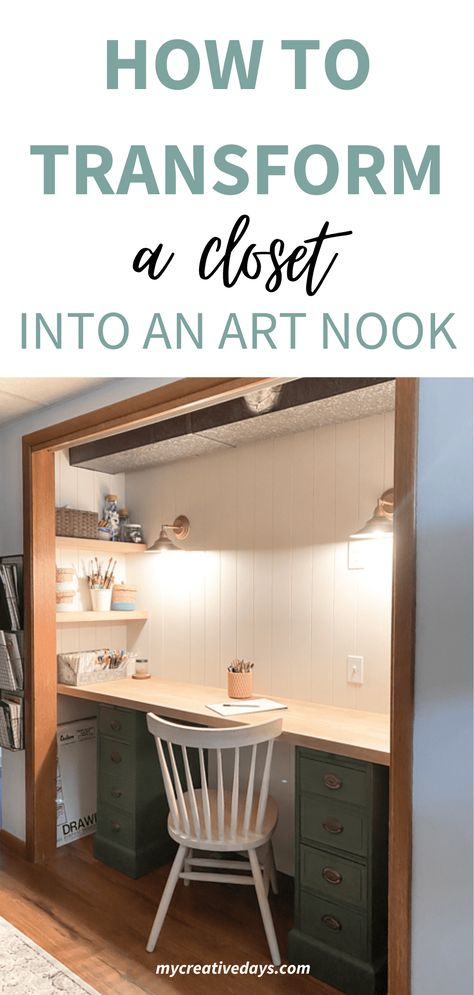 Closet Desk With Doors, Sewing Nook In Closet, Closet Desk Nook Ideas, Closet To Desk Space, Transform Closet Into Office, Closet Desk Makeover, Closet Office Makeover, Turn Closet Into Built In Bookcase, Closet To Book Nook