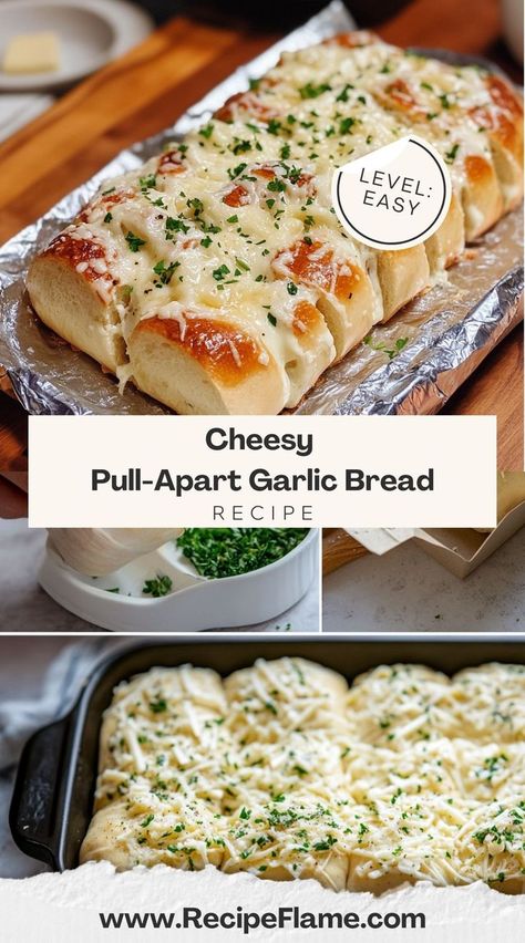 This cheesy pull-apart garlic bread is a game changer! Every bite is loaded with gooey cheese and savory garlic. It’s perfect for sharing and always disappears fast when friends are over. Garlic Cheese Bread Pull Apart, Homemade Pull Apart Garlic Cheese Bread, Cheesy Garlic Pull Apart Bread Biscuits, Garlic Bread For A Crowd, Pan Garlic Bread, Cheese Bread Pull Apart, Garlic Bread Casserole, Pull Apart Cheesy Garlic Bread, Cheesy Pull Apart Garlic Bread