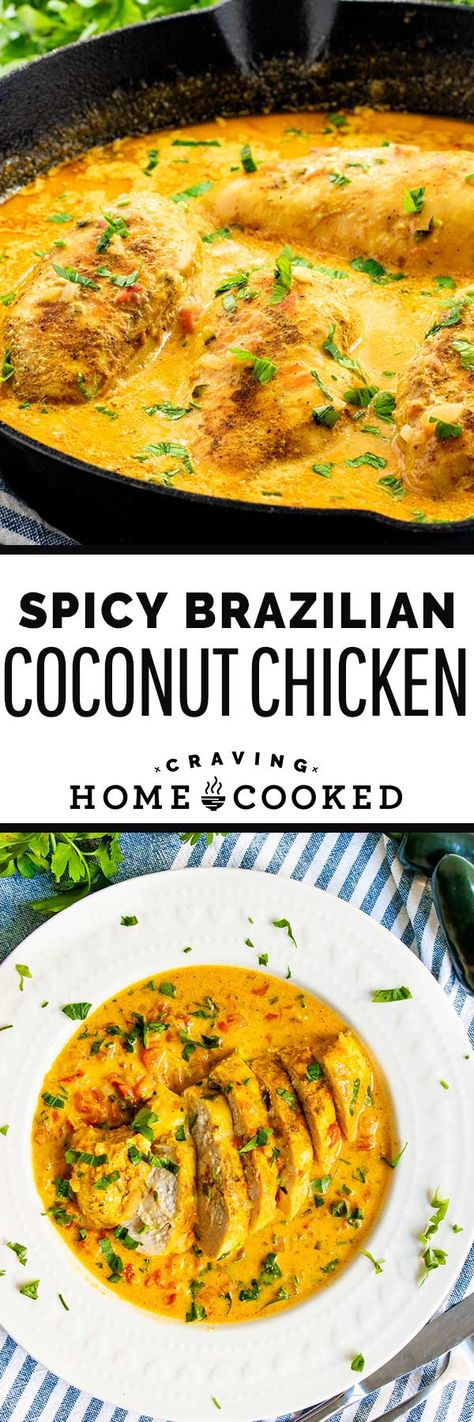 This Spicy Brazilian Coconut Chicken is super fragrant, flavorful, and packed full of perfectly tender chicken. Don't even get me started on the sauce, full of ginger and fresh garlic with a swift kick of heat. Need I say more? #spicy #brazilian #coconut #chicken Brazilian Coconut Chicken, Streetwear Coat, Street Y2k, Coconut Chicken, Tender Chicken, Brazilian Food, Chicken Dishes Recipes, The Sauce, Fresh Garlic