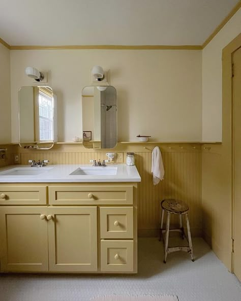 V Groove Bathroom Walls, Peg Rail In Bathroom, Shiplap Panel Bathroom, Yellow Beadboard Bathroom, Pink Bathroom Door, Bead Board Small Bathroom, Wood Clad Bathroom, Devol Bathrooms, Powder Bath Inspiration