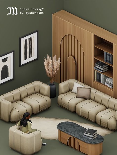 A set of contemporary living room items. This collections features functional and décor objects, including new seating and modular storage units. Sims 4 Furniture, Living Room Sims 4, Sims 4 Cc Furniture Living Rooms, Mods Sims 4, Furniture Cc, Mod Furniture, Sims Packs, Floor Bloxburg, Sims 4 Bedroom