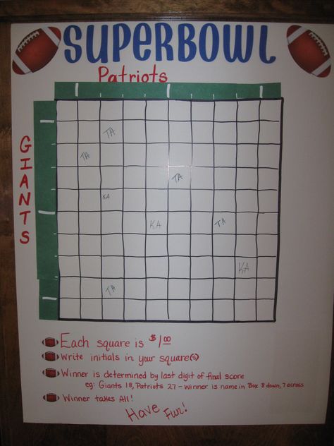 Superbowl this would be fun @Aimée Gillespie Lemondée Gillespie Rogers lord knows the boys will want to bet! Super Bowl Pool, Super Bowl Squares, Football Squares Template, Superbowl Squares, Super Bowl Party Food, Football Squares, Football Pool, Superbowl Game, Bowl Party Food