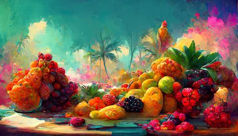 Premium Photo | Giant colorful tropical fruits paradise concept art illustration Paradise Concept Art, Fruit Paradise, Paper Ideas, Fruit Illustration, Fruit Garden, Tropical Fruits, Tropical Landscaping, Landscape Pictures, Perfect World