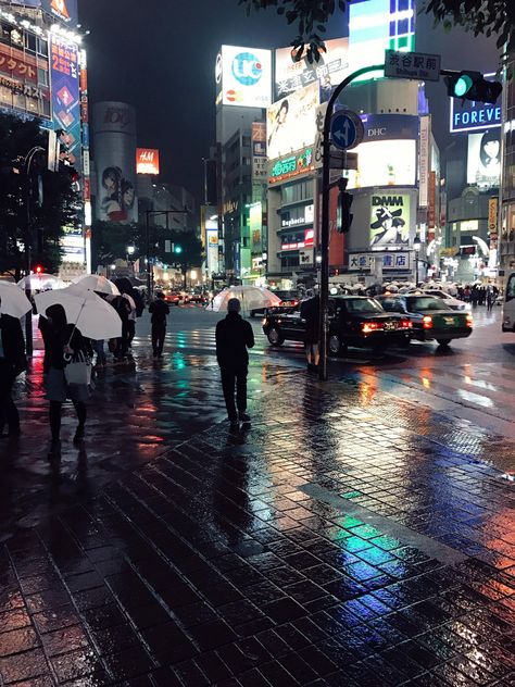 Had to take advantage of the rain in Shibuya. Taken with my iPhone 7. I thought it turned out pretty well for a phone picture. Shibuya Japan, Japanese Buildings, City Rain, City Lights At Night, Intercom System, Street Painting, Tokyo City, Color Vibe, Access Control System