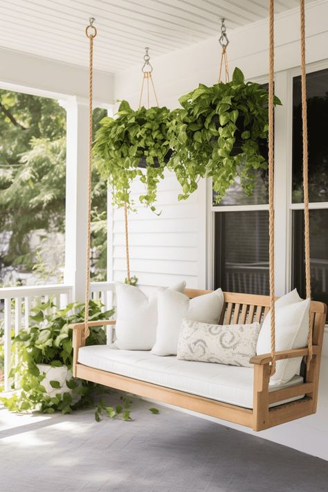 45 Front Porch Ideas That Will Bring You Together Porch Hanging Chairs, Aesthetic Porch Ideas, Porch Around House, Porch Swings Hanging Ideas, Front Porch Sitting Ideas, Front Patio Decorating Ideas, Porch Swings Hanging, Front Porch Furniture Layout, Front Porch Aesthetic