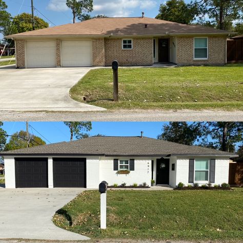 Tan White Black House Exterior, Black And White Homes Exterior Painted Bricks, Ranch House White With Black Trim, White Exterior Paint Colors Ranch House, White Brick Home With Black Trim, White House Black Brick Exterior, White House Black Trim One Story, White House Black Trim Ranch Style, Black And White House Paint Exterior