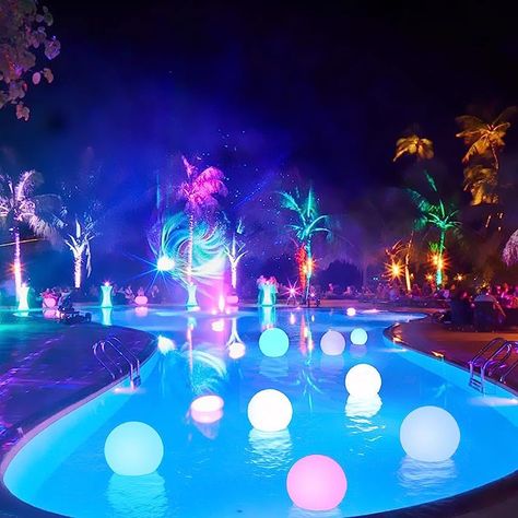 LOFTEK LED Dimmable Light Ball: 12-inch Waterproof Floating Pool Lights with Remote, 16 Colors & ... | Amazon (US) 18th Birthday Celebration Ideas, Neon Pool Parties, Pond Decor, Neon Party Decorations, Night Pool Party, Floating Pool Lights, Sphere Light, Led Pool Lighting, Glow Birthday