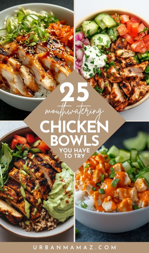 Looking for mouthwatering chicken bowls you have to try? Check out this list of 25 easy chicken rice bowls to meal prep. Lunch Meals With Chicken, Quick Meal Prep Dinner Ideas, Salad Bowl With Chicken, Chicken Nourish Bowl Recipes, Bowl Prep Meals, Healthy Lunch Bowl Recipes, Healthy Chicken Recipes Lunch, Chicken Dinner Bowls, Chicken For Bowls