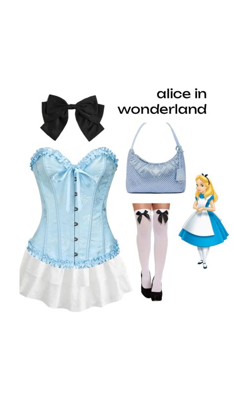 halloween costume idea! Alice in wondrland Alice N Wonderland Costume, Love Halloween Costumes, Alive In Wonderland Halloween Costume, Alice In Wonderland College Costume, Alice Costume Aesthetic, Cute Black Halloween Costumes, Hot Customes Women, Alice In Wonderland Corset Costume, Alive And Wonderland Costume