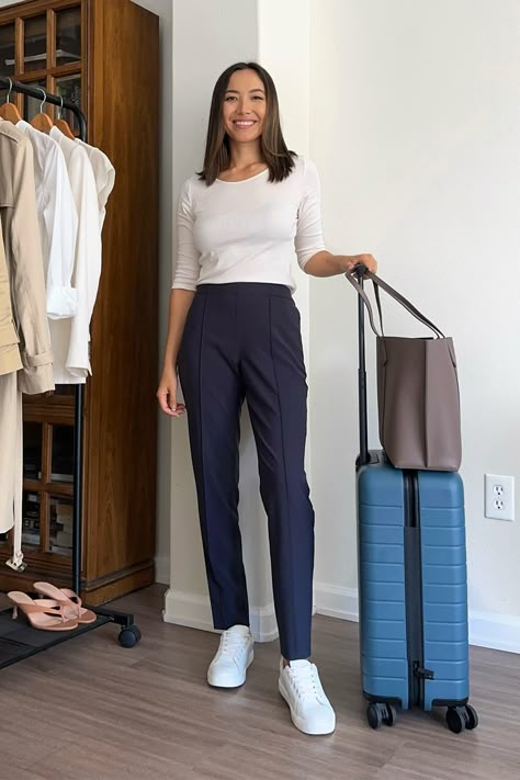 How to Pack for a Summer Business Trip — Without Checking a Bag Work Packing List, Summer Work Travel Capsule, Work Trip Airport Outfit, Summer Business Casual Outfits Dresses, Women Business Travel Outfits, Business Casual Plane Outfit, Business Conference Outfits Women Summer, Business Casual For Hot Weather, Business Travel Outfits Woman Summer