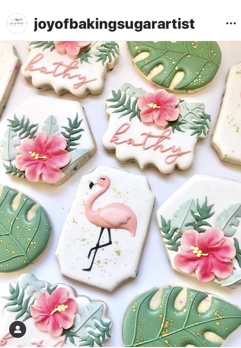 Flamingo Cookies Decorated, Vacation Cookies, Tropical Cookies, Flamingo Cookies, Tropical Cake, Wedding Shower Cookies, Cookie Recipes Decorating, Cake Tart, Flower Sugar Cookies