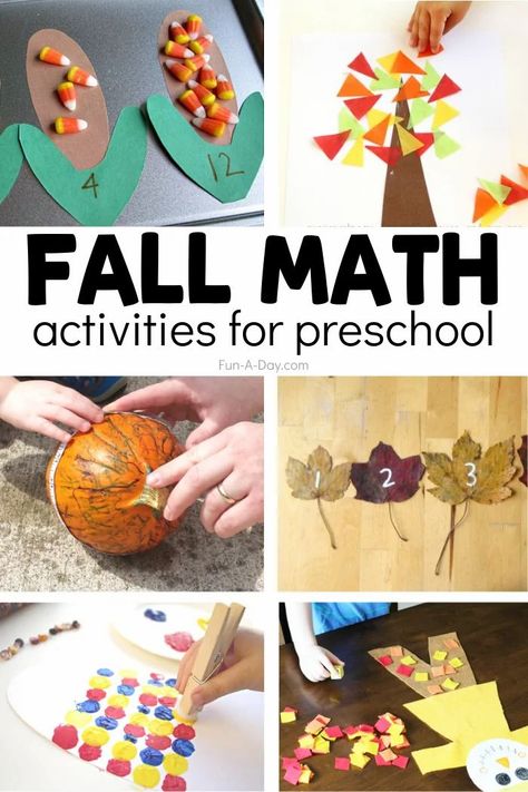 Look no further for engaging fall math activities for preschool! Here are 25+ that are sure to be a hit in your preschool classroom or homeschool. Each is fun, meaningful, and hands-on! Fall Small Groups Preschool, Season Math Activities Preschool, Fall Theme Math Activities, Vpk Math Activities, Preschool Math Lesson Plans, Math Art For Preschoolers, Fall Whole Group Activities Preschool, Autumn Maths Activities For Preschool, Fall Measurement Preschool