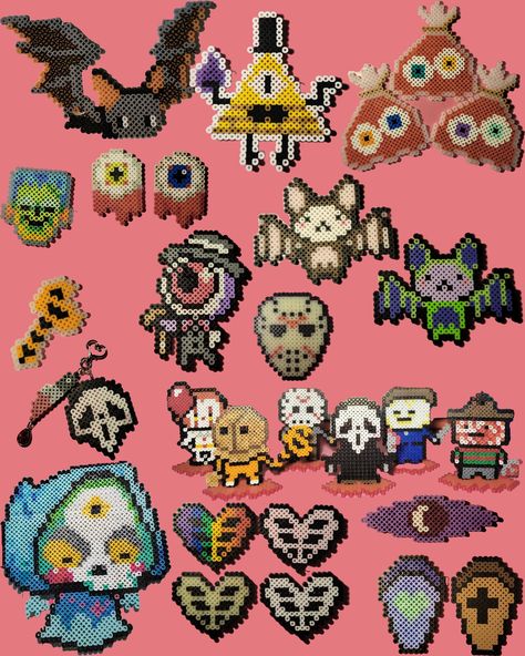 Perler bead creations that are all things spooky. This listing is for one of the following: Summer Frank: 2inx2in Ribcage: 3inx2in Sam's Scythe: 3inx2in Nightvale Eye: 3inx2in Bloody Eyeball: 3inx2in Coffin: 3inx2in Ghostface w/ knife: 3inx3in Jason Mask: 4inx4in Blood Eye Bag: 5inx4in Bill Cipher: 5inx4in Eyeball Gent: 5inx4in Tricolor Bat: 6inx4in Horror Standees: 6inx4in Bat: size 7inx5in Reaper: size 8inx6in Can be customizable with different colors. These are an example of the finished product, you will get one made to order. Zero Perler Beads, Jack O Lantern Perler Beads, Jack And Sally Perler Beads, Berserk Perler Beads, Intricate Perler Bead Patterns, Perler Bead Patterns 29x29, Icp Perler Bead Patterns, Lava Lamp Perler Beads, Spider Perler Beads