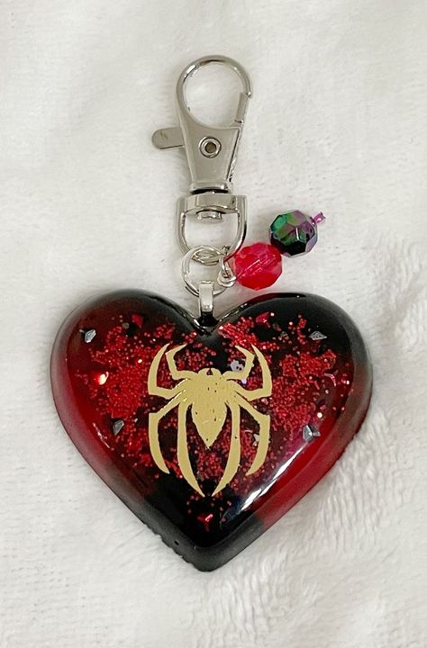 Resin Heart Keychain, Miles Morales Spider, Spider Man Miles Morales, Spider Man Miles, Spider Man Across The Spider Verse, Bead Embellishment, Across The Spider Verse, Heart Keychain, The Spider