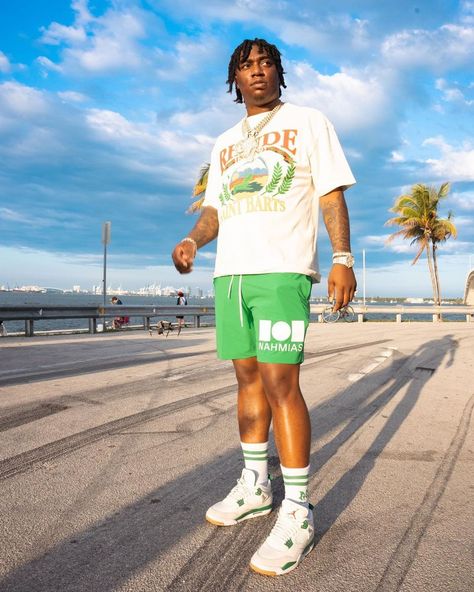 Fredo Bang Outfit from May 1, 2023 | WHAT’S ON THE STAR? Pine Green Outfit, Jordan 4 Sb Pine Green, Fredo Bang, Ribbed Socks, Save Outfits, Black Men Street Fashion, Men Street Fashion, Jordan Air, White Beach