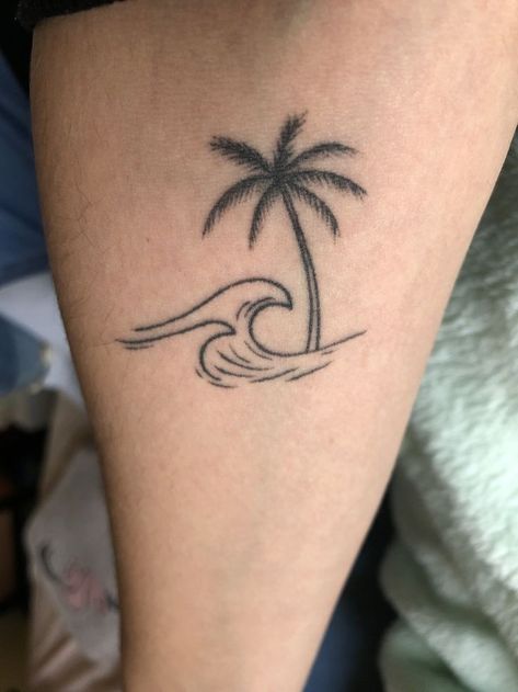 Palm And Wave Tattoo, Small Palm Tree And Wave Tattoo, Palm Wave Tattoo, Palm Tree Waves Tattoo, Beach Hand Tattoo, Wave And Palm Tree Tattoo Simple, Palm Tree Wave Tattoo, Wave And Palm Tree Tattoo, Wave Palm Tree Tattoo