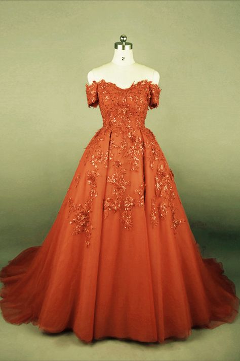 Orange Princess Dress Orange Ball Gown Prom, Burnt Orange Ball Gowns, Orange Princess Dress, Moda2000 Quince Dresses, Orange Ball Gown, Masquerade Design, Orange Wedding Dress, Middle Ages Dress, Highschool Dance