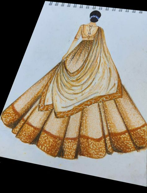 Lehnga Illustration Sketch, Saree Sketches Fashion Illustration, Lehenga Illustration Sketch, Traditional Dress Illustration, Traditional Fashion Illustration, Lehenga Illustration, Designing Dress, Bride Fashion Illustration, Fashion Illustration Poses