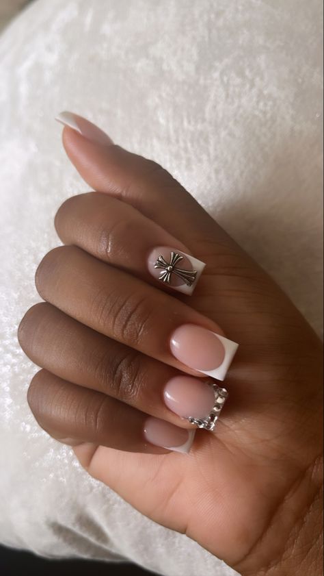 Chrome Heart Nails Short, Chrome Hearts Nails, Chrome Heart Nails, French Tip Short, Short Nail Inspo, Hearts Nails, Heart Nail Designs, Short Square Nails, Short Square Acrylic Nails