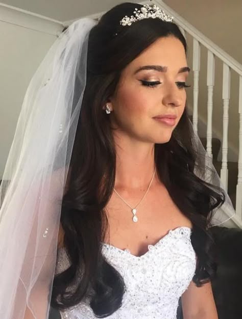 Bridal Hair For Veil And Tiara Bridal Hair With Veil And Headpiece, Bride Hair With Crown And Veil, Head Pieces Wedding, Tiara And Veil, Wedding Tiara Hairstyles, Bridal Hair Half Up, Half Up Wedding, Wedding Hair Half, Half Up Half Down Wedding