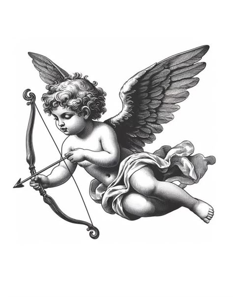 Art For Valentines Day, Cupid Vintage, Cupid Tattoo, Cherub Tattoo, Cupid's Bow, God Of Love, Muster Tattoos, Angel Tattoo Designs, Angel Drawing